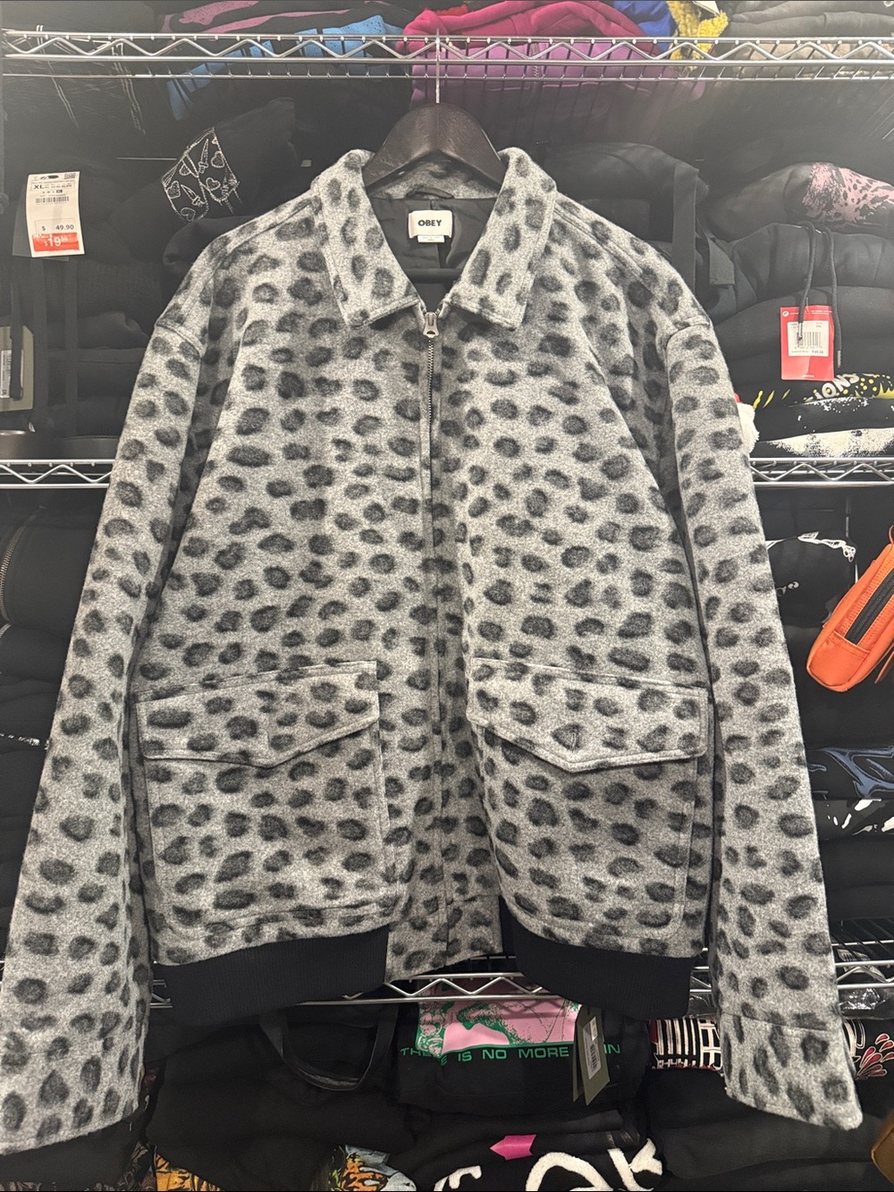 Obey Gray Leopard-Print Zip Bomber Jacket (NEW WITH TAGS)